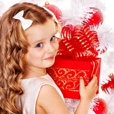 small, Present, christmas tree, girl