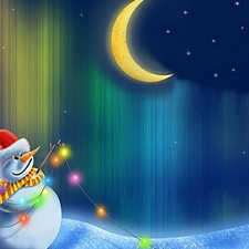 Snowman, Lights, christmas, Night