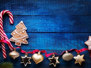 Christmas, composition, christmas tree, baubles, Cookies, Christmas, ribbon, Twigs, lollipops