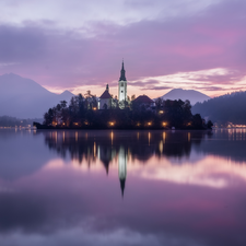 Blejski Otok Island, Church, clouds, Mountains, Great Sunsets, Lake Bled, Slovenia, Julian Alps