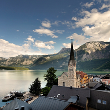 lake, Town, church, Mountains