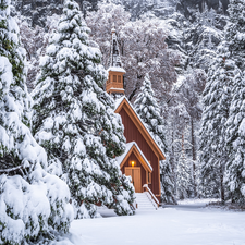 snow, trees, chapel, State of California, church, winter, viewes, The United States, Yosemite National Park, forest