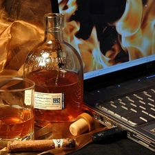 cigar, laptop, Bottle, cognac, A glass
