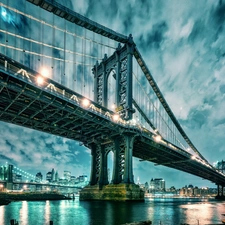 bridge, Sky, City at Night, River
