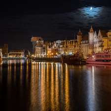 River, vessels, Gdańsk, City at Night, Poland