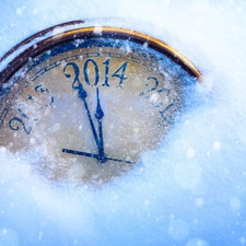 snow, New Year, Clock