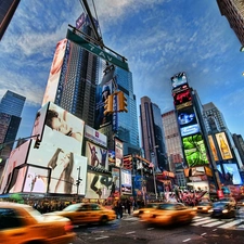 clouds, advertising, 7 Avenue, skyscrapers, Manhattan