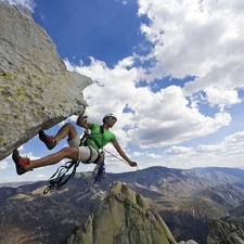 rocks, climbing, clouds, a man