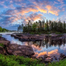 coast, Koiteli Area, Finland, rocks, trees, Kiiminkijoki River, Kiiminki, clouds, Stones, viewes