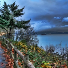 clouds, autumn, vessels, Way, River