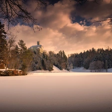 lake, Trakoscan Castle, viewes, winter, Coartia, trees, clouds
