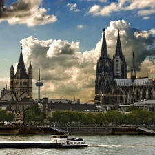 Cologne, River, clouds, chair