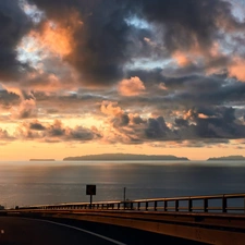 Way, lake, clouds, crash barrier