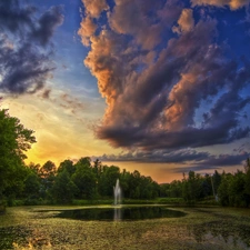 fountain, viewes, clouds, trees
