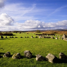 clouds, Stones, grass