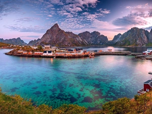 sea, Lofoten, Houses, Mountains, Norway, Reine Village, clouds