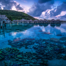 clouds, sea, French Polynesia, Pacific Ocean, Houses, Tahiti, France