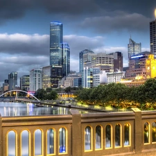 clouds, light, bridge, skyscrapers, River