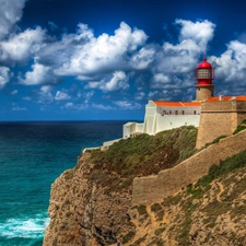 Lighthouse, Rocks, clouds, maritime