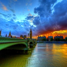 clouds, bridge, London, England, Great Sunsets, River