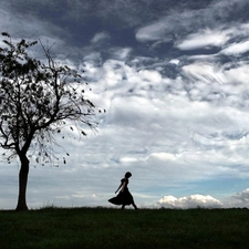 Meadow, trees, clouds, Women