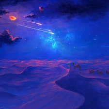 caravan, Camels, moon, Night, comet, Desert, graphics, clouds
