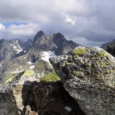 Mountains, rocks, clouds, peaks