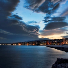 clouds, Night, Town, Coast, illuminated