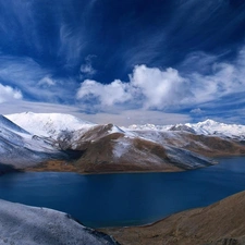 clouds, Norway, Snowy, Mountains, lake