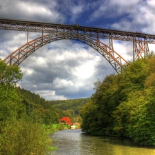 River, green, clouds, bridge