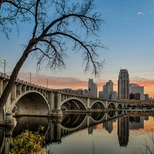 River, skyscrapers, clouds, bridge