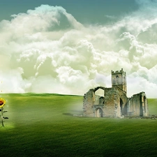 ruins, Sunflower, clouds, castle