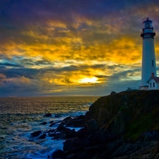 clouds, Lighthouses, sea