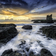 sea, rocks, clouds, Waves