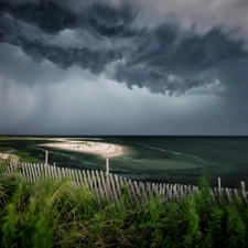 Clouds, Sky, Coast, fence, sea