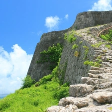 clouds, Sky, Stairs, grass, sea