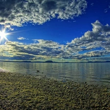 clouds, lake, Stones