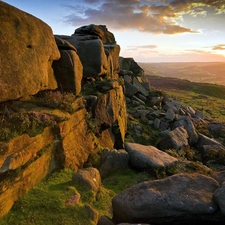 Stones, Sky, clouds, Moss