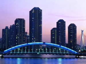 Tokio, skyscrapers, clouds, bridge