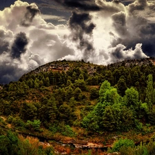 viewes, Mountains, clouds, View, Sky, trees