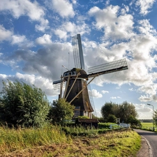 clouds, Way, Windmill