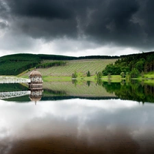 woods, pier, clouds, lake