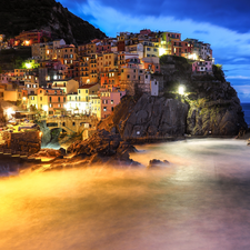 rocks, Coast, Manarola, Houses, Italy