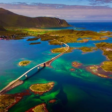 Sediments, Islets, Coast, Ocean, Mountains, bridge