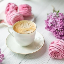 coffee, cup, plate, Spoons, boarding, composition, Flowers, without, Foams