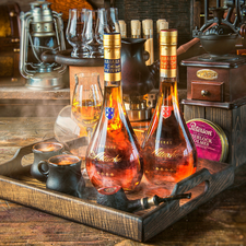 glasses, Bottles, coffee, cognac, composition, Tray, mill