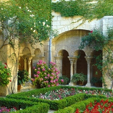 color, Flowers, France, Garden, Cloister