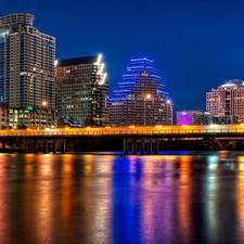 River, Colorado, night, bridge, Town, clouds, skyscrapers, Austin