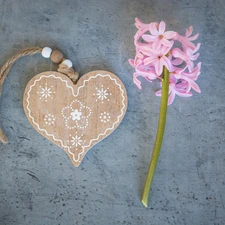 Colourfull Flowers, wood, hyacinth, Heart, Pendant, Pink, Grey Background