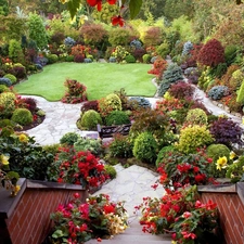 Stairs, Garden, Colourfull Flowers, color